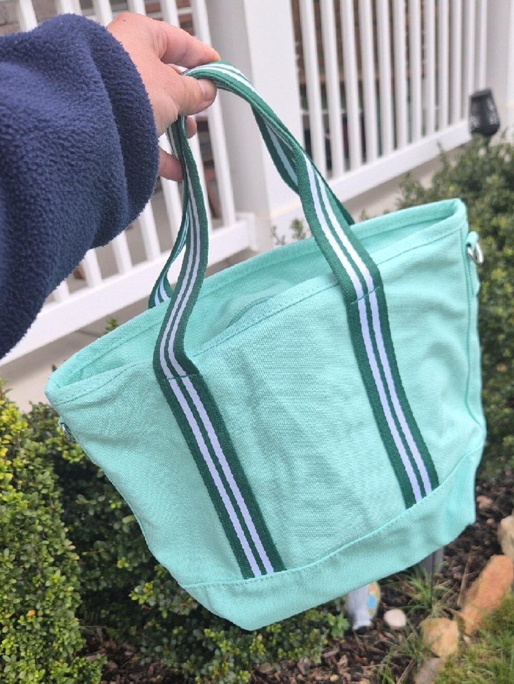 NWT Starbucks Mint Green Canvas Tote with Striped Handles - Picture 2 of 7